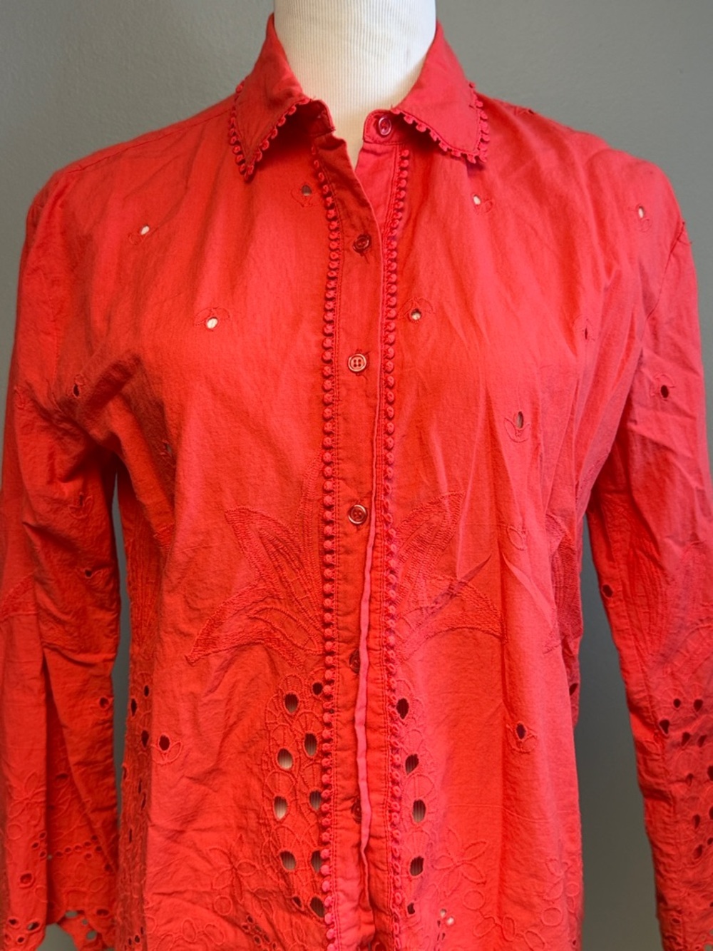Cynthia Rowley Red Eyelet Button Down Shirt Cotton XS - Picture 2 of 6